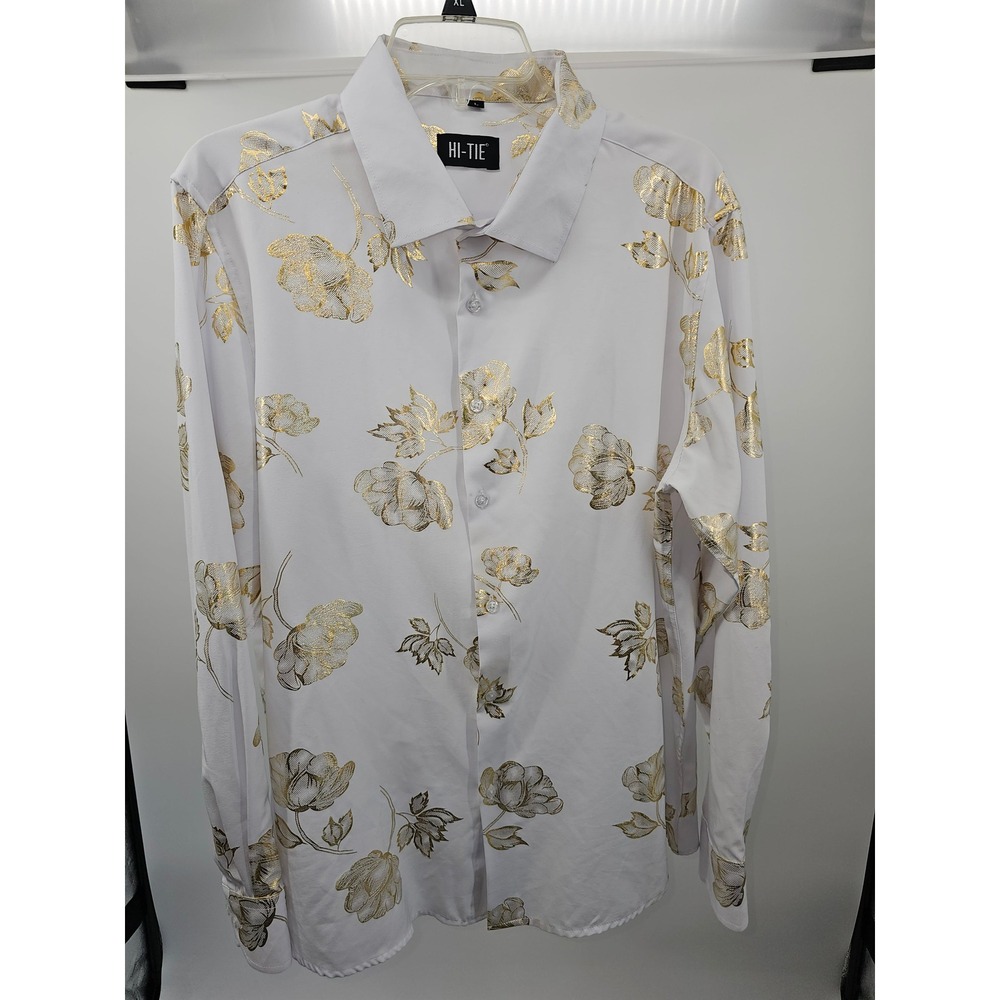 HI-TIE Mens White Gold Metallic Floral Foil Print Long Sleeve Dress Shirt L
